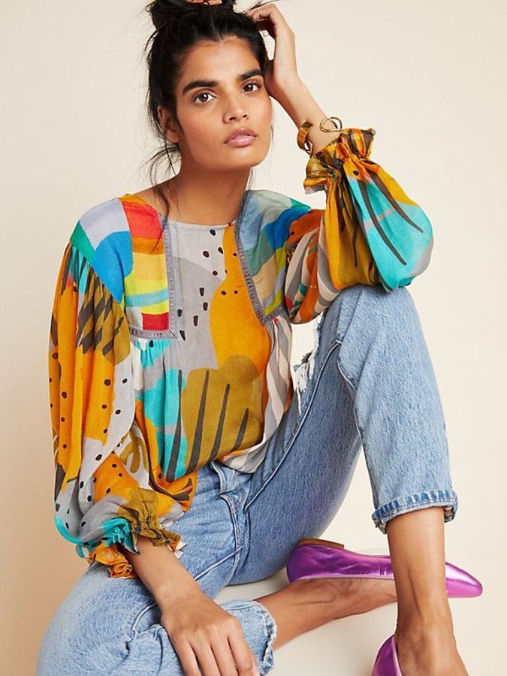 Anthropologie Bl^nk London Miranda Plant Print Peasant Top Blouse Petite Small